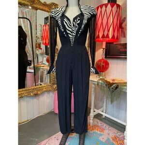 vintage 1980s zebra fitted rayon jumpsuit IIF small 80s pantsuit padded sheer 26